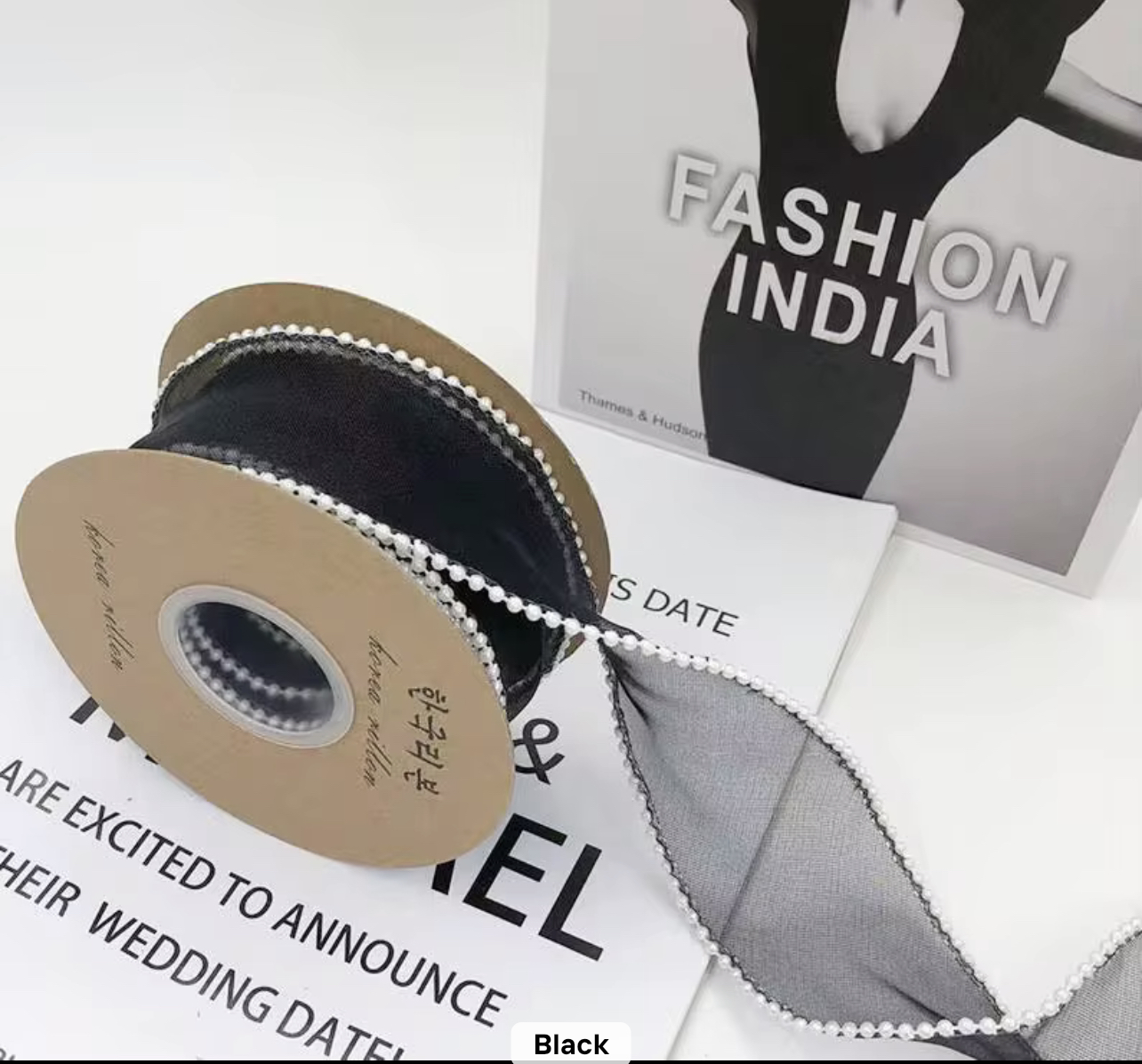 Second image of Organza Pearl Ribbon 5 yard , 4 cm Black